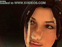 Desenho 3D de uma mãe voluptuosa sendo sufocada por Lara Croft