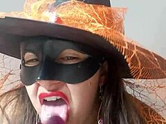 My friend's wife, a mature beauty, indulges in self-pleasure during Halloween as she reveals her naughty side