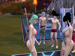 Dragon Ball porn episode 45: MILF and stepmom threesome with kinky wives and cheating husbands in a pool party orgy