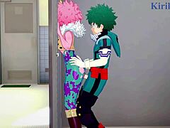 Mina Ashido, Momo Yaoyorozu a Izuku Midoriya sa zapájajú do intenzívnej trojky v hentai My Hero Academia