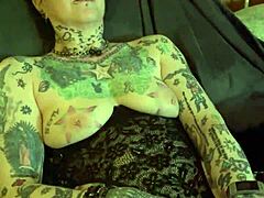 Tattooed hotwife enjoys multiple orgasms with dildo